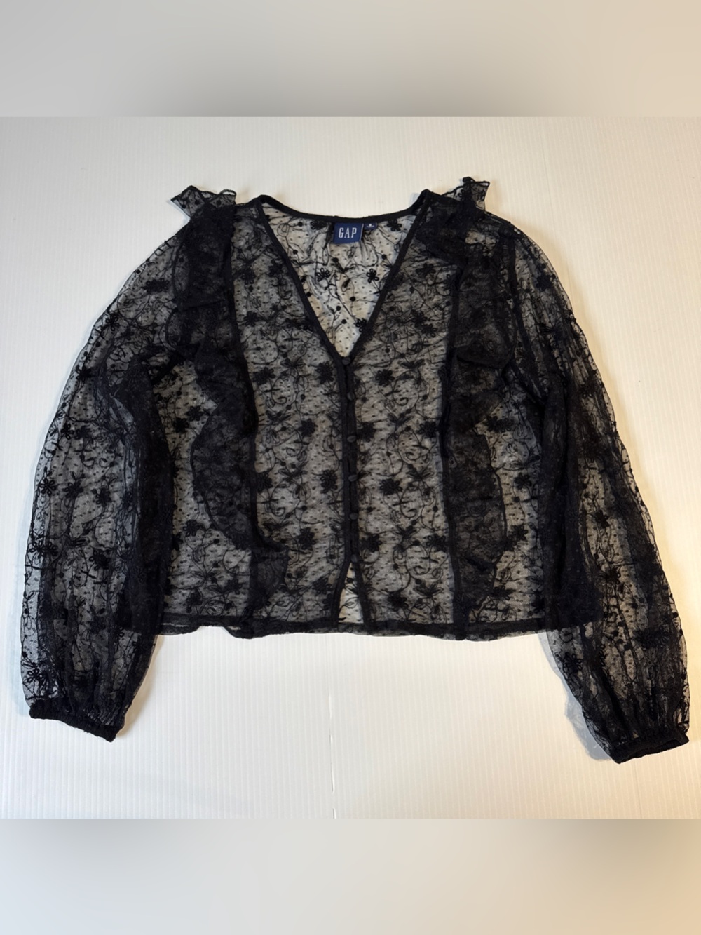 GAP Black Sheer Floral Lace Ruffle Blouse Petite M Romantic Goth Y2K Coquette